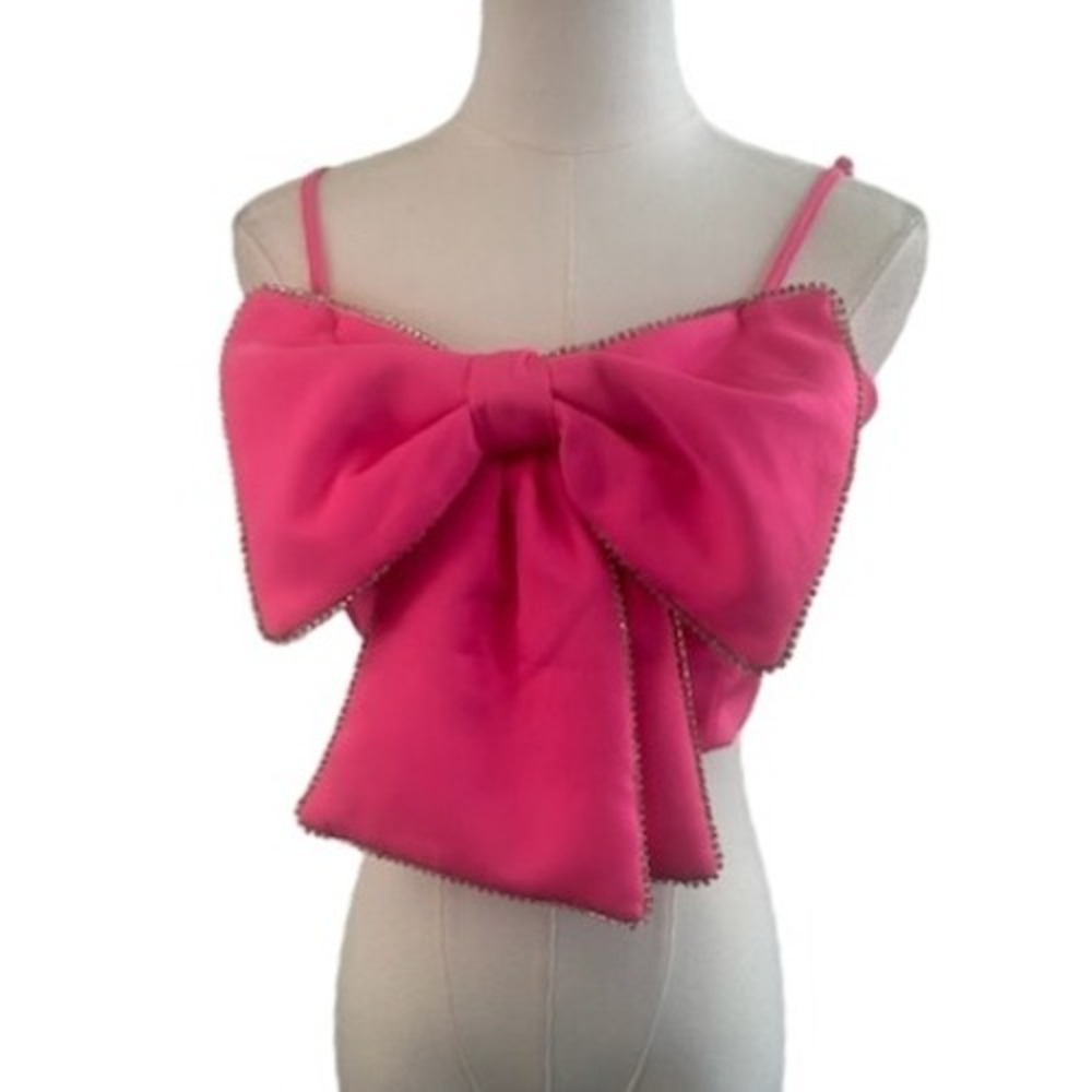 Cloud Ten Crop Top Blouse Women's Size Medium Hot Pink Crystal Bow Party